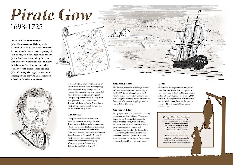 Designer Rhona Jenkins created this interpretation panel telling the story of the infamous Pirate Gow for the heritage garden in Eday
